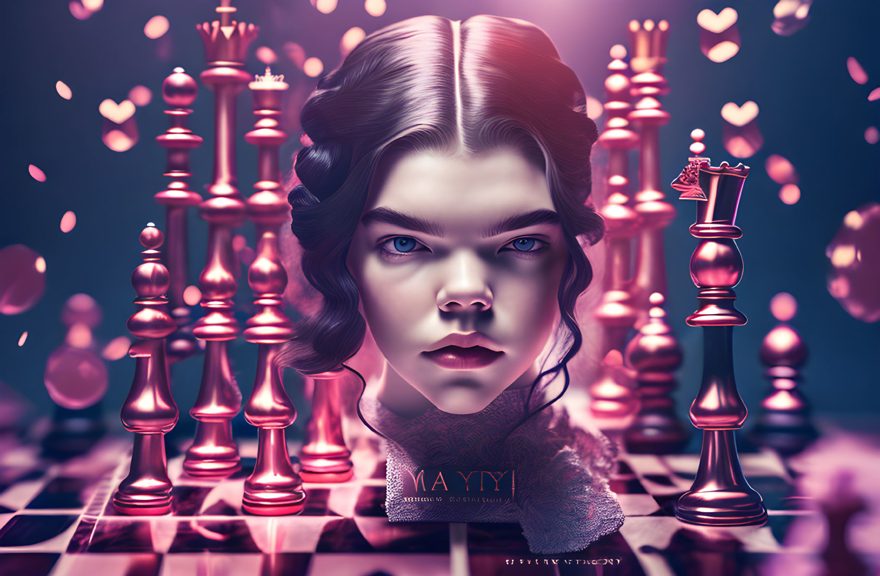 Surreal illustration: girl's face merges with chessboard and pieces