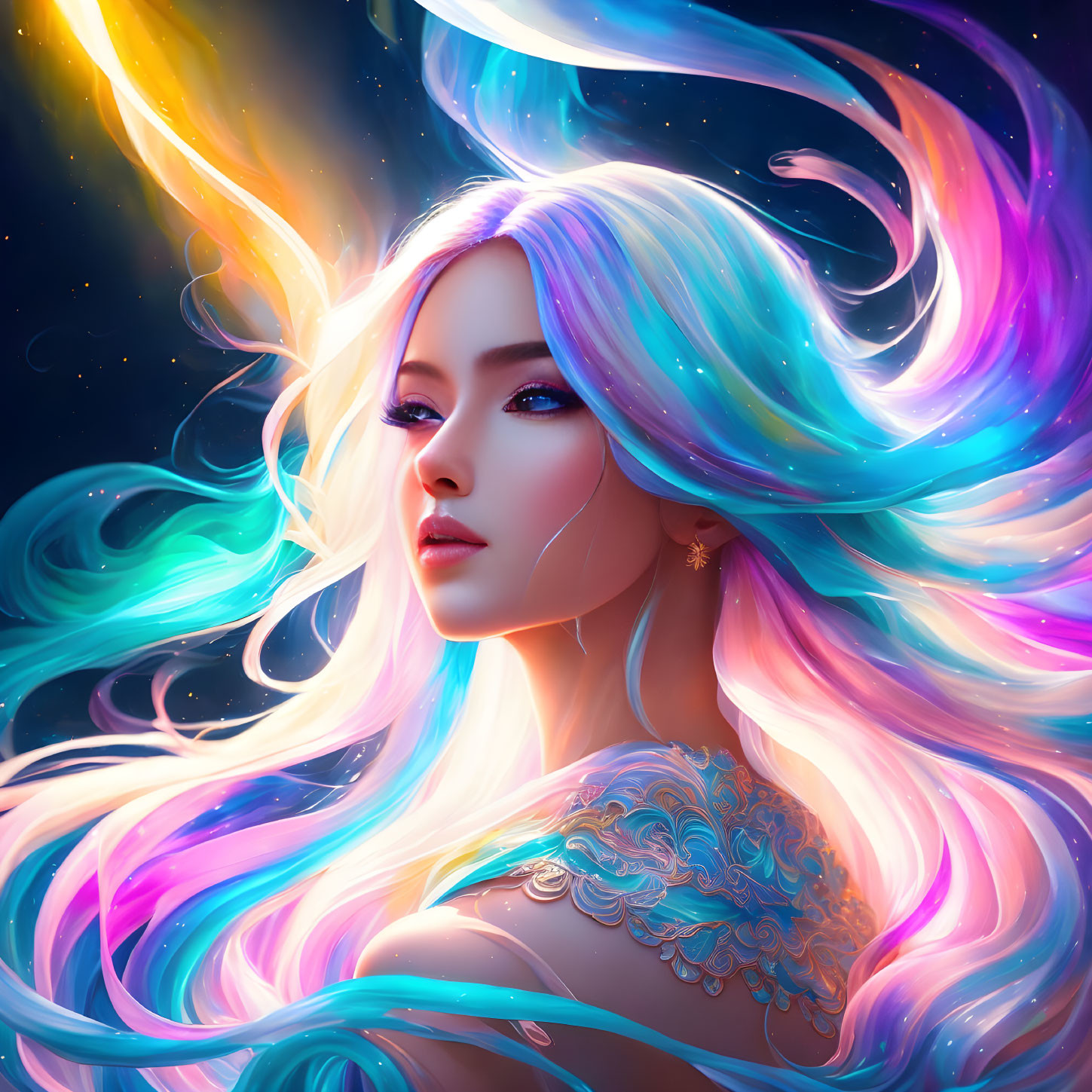 Colorful flowing hair woman in mystical digital art.