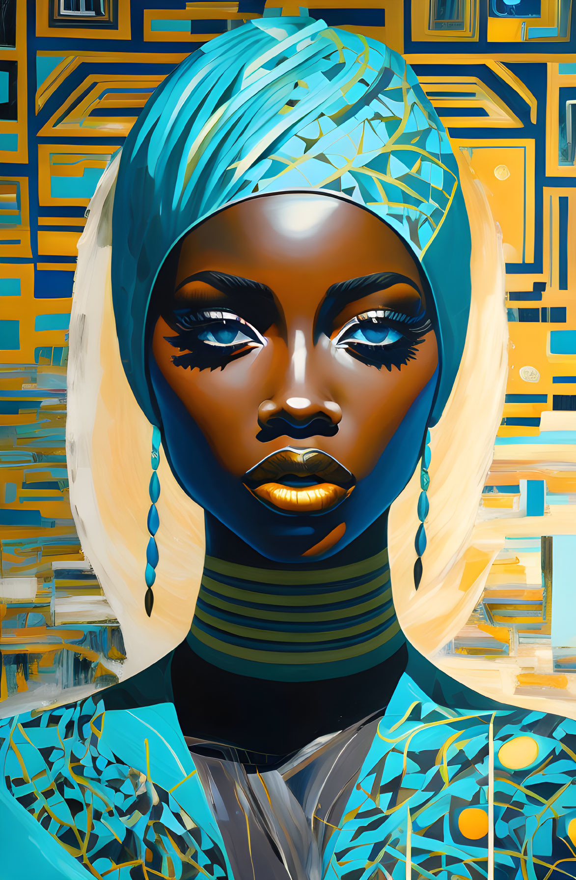 Stylized portrait of woman with bold makeup in blue headscarf and earrings