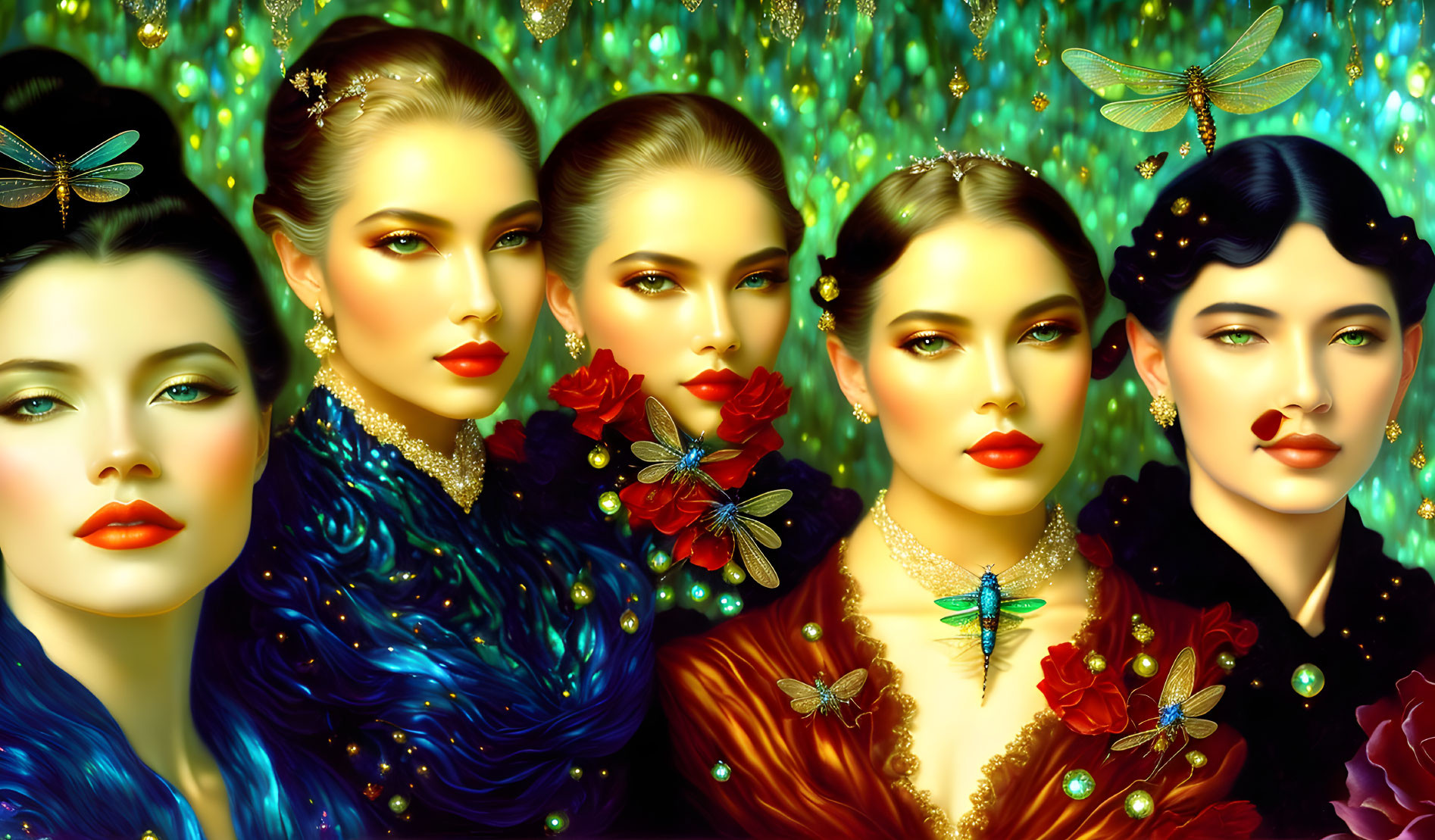 Four stylized women with vivid makeup and hair, adorned with flowers and butterflies on a green backdrop.