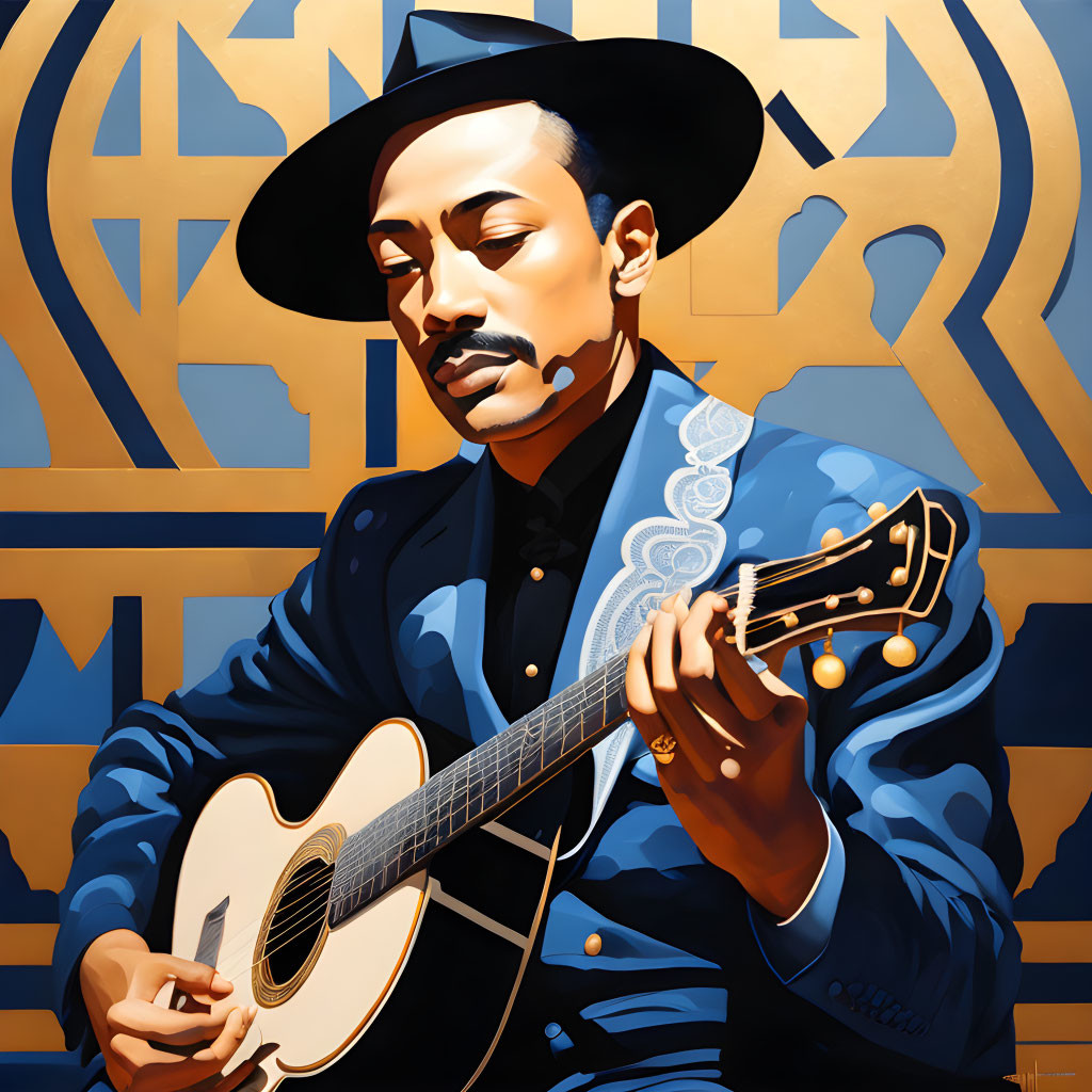 Man in Hat Playing Guitar Against Geometric Background