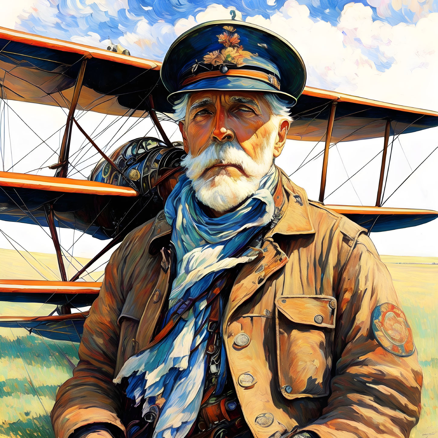 Portrait of stern-faced pilot in vintage aviator attire with biplane