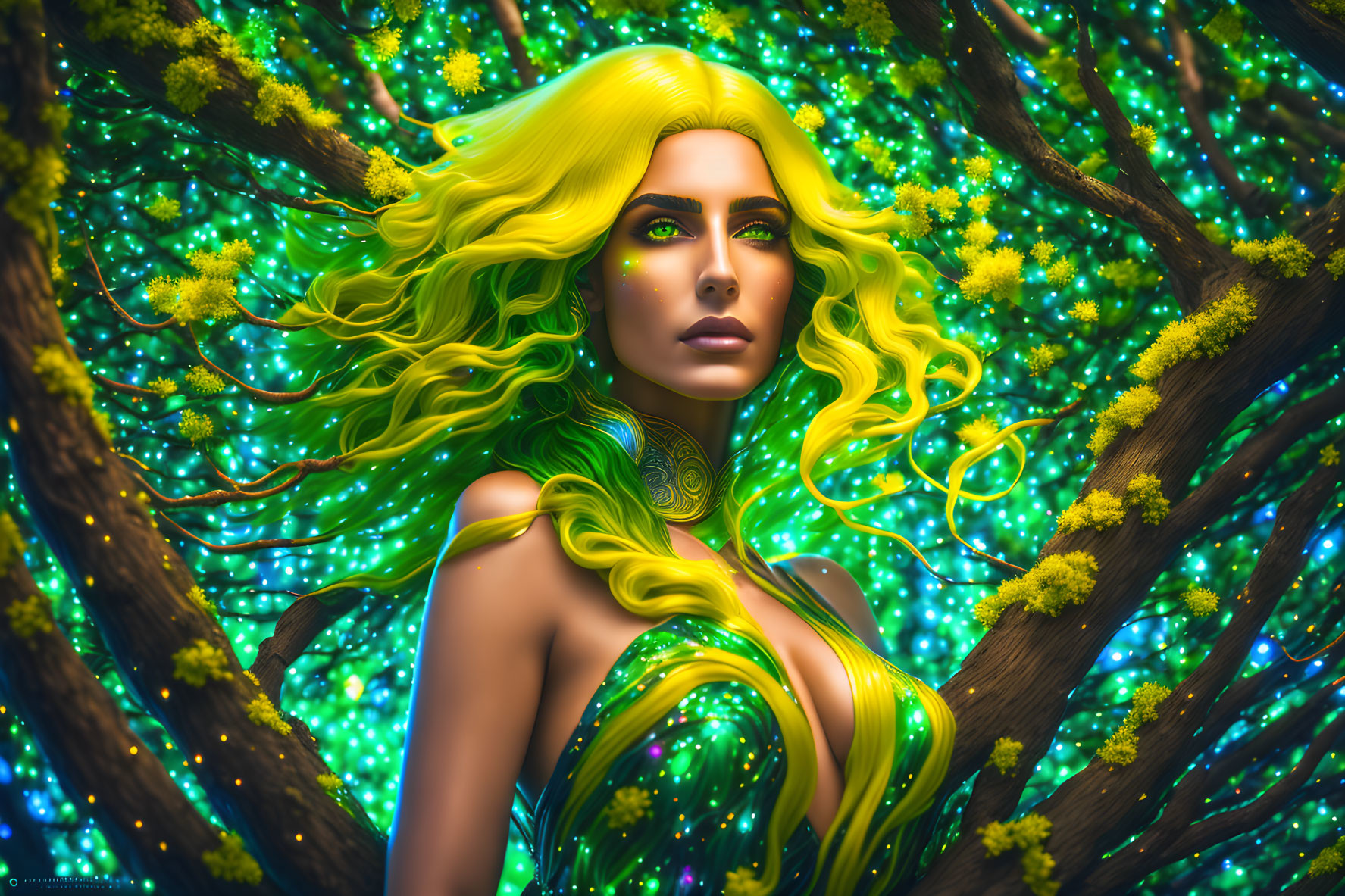 Colorful illustration of woman with neon-yellow hair in luminous forest