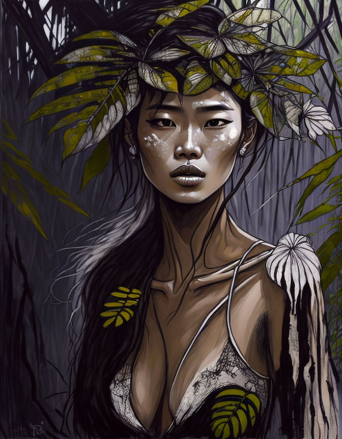 Illustrated portrait of woman with foliage and botanical patterns