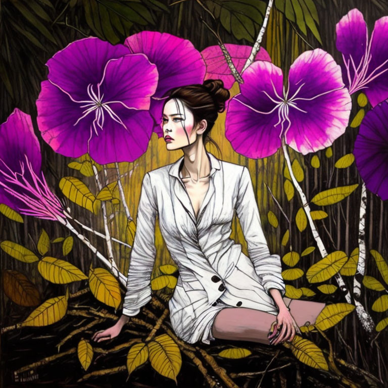 Stylized illustration of woman in white suit among purple flowers