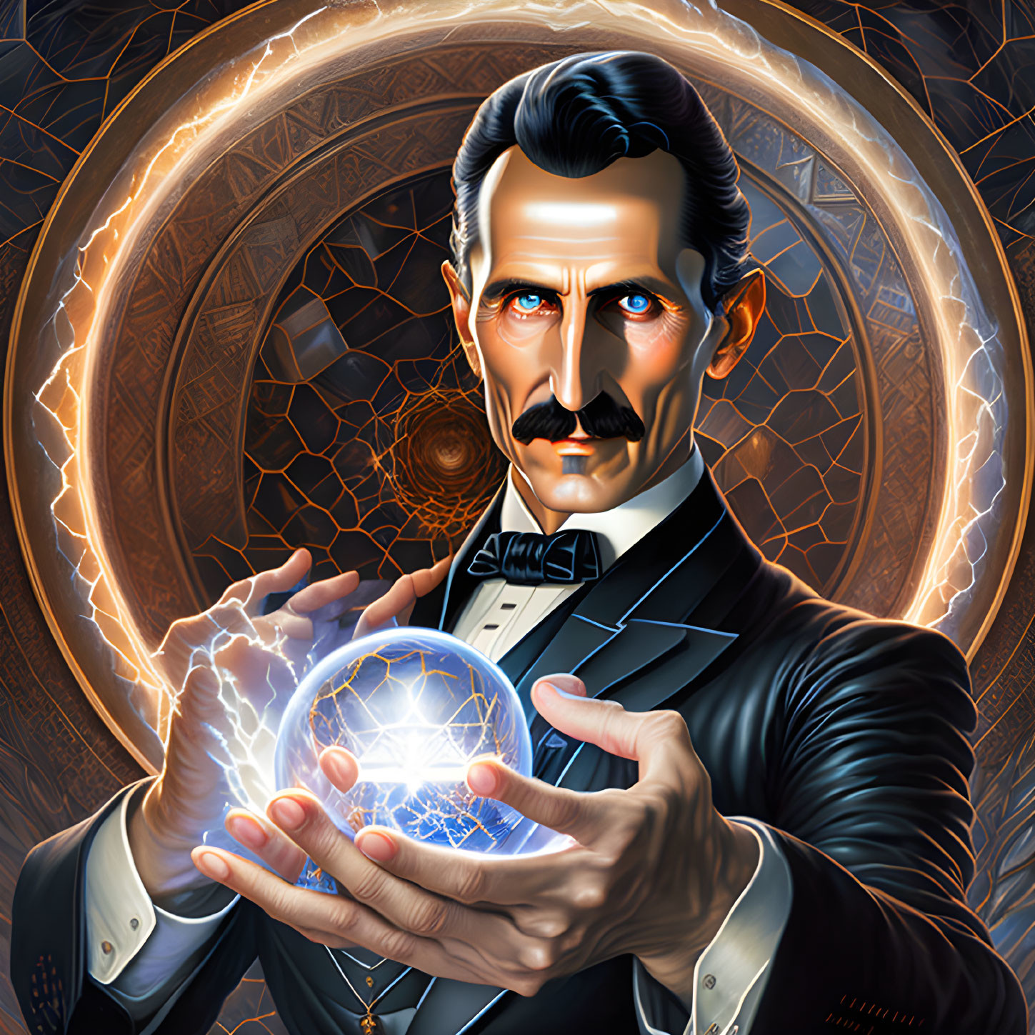 Man with Mustache and Bow Tie Holding Glowing Orb surrounded by Geometric Patterns and Energy Arcs