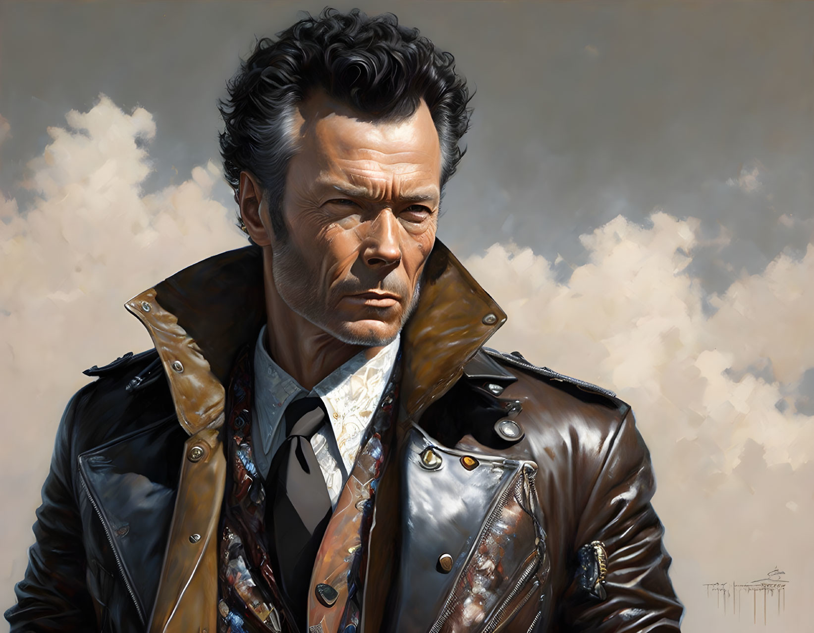 Realistic digital painting of rugged man in leather coat under cloudy sky