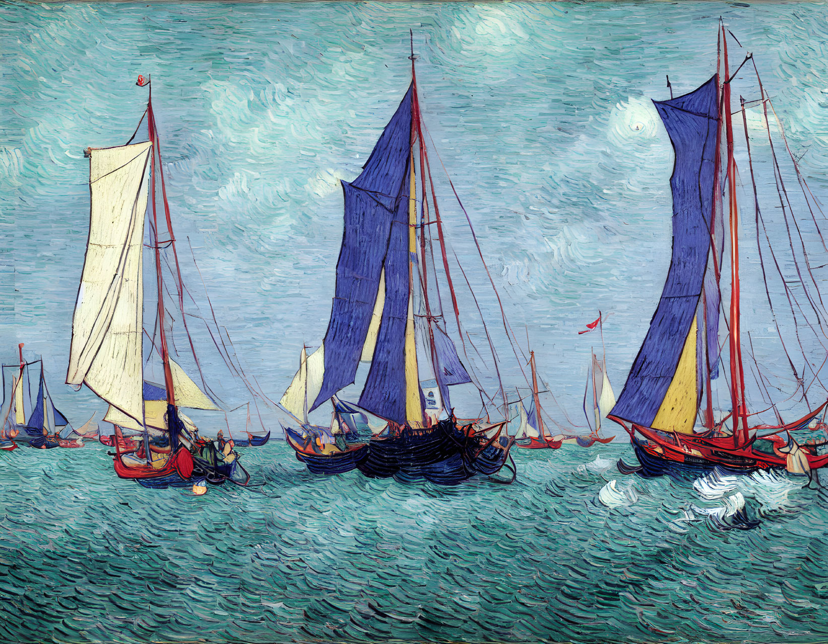 Colorful Sailboats on Wavy Sea in Post-Impressionist Style