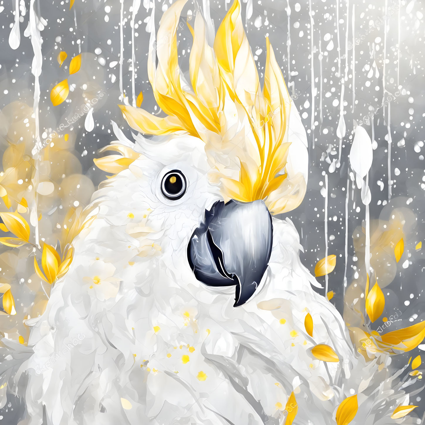 White Cockatoo with Yellow Crest in Yellow Paint Splatter on Grey Background