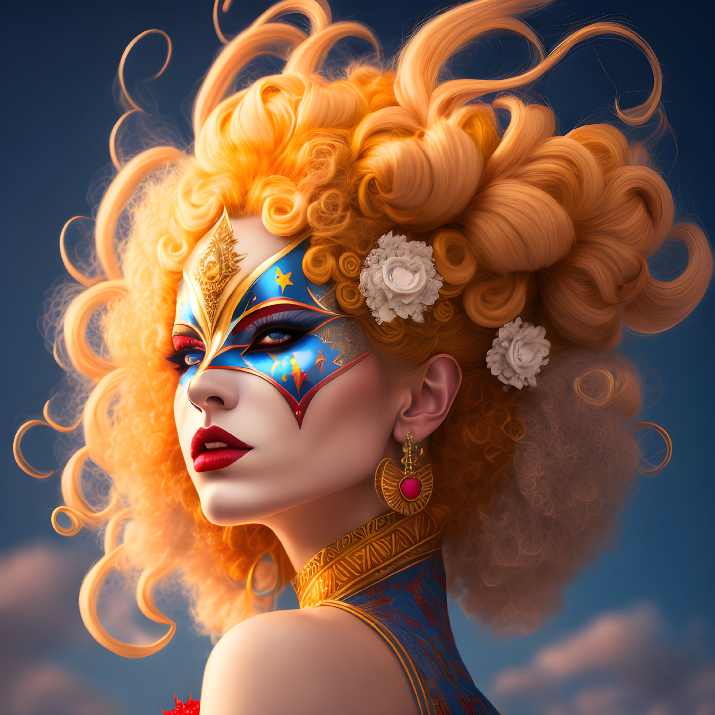 Elaborate golden and blue face paint on woman with curly blonde hair under blue sky