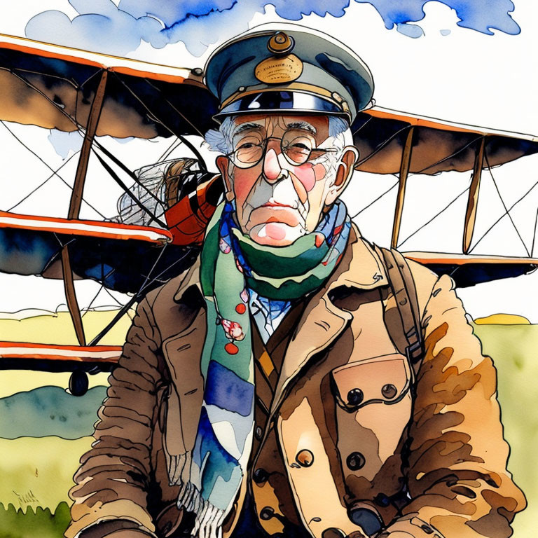 Elderly Pilot with Glasses in Caricature Style