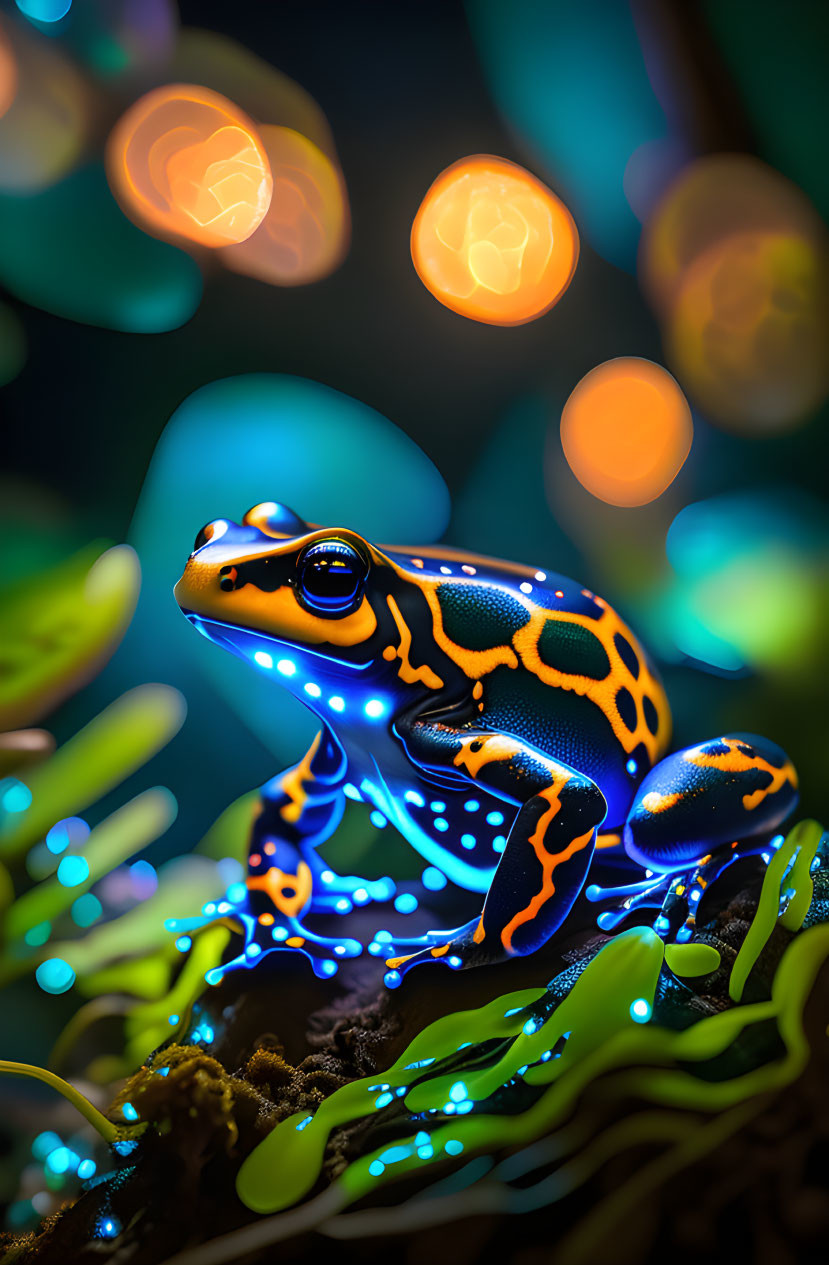 Colorful Poison Dart Frog on Green Foliage with Glowing Orbs