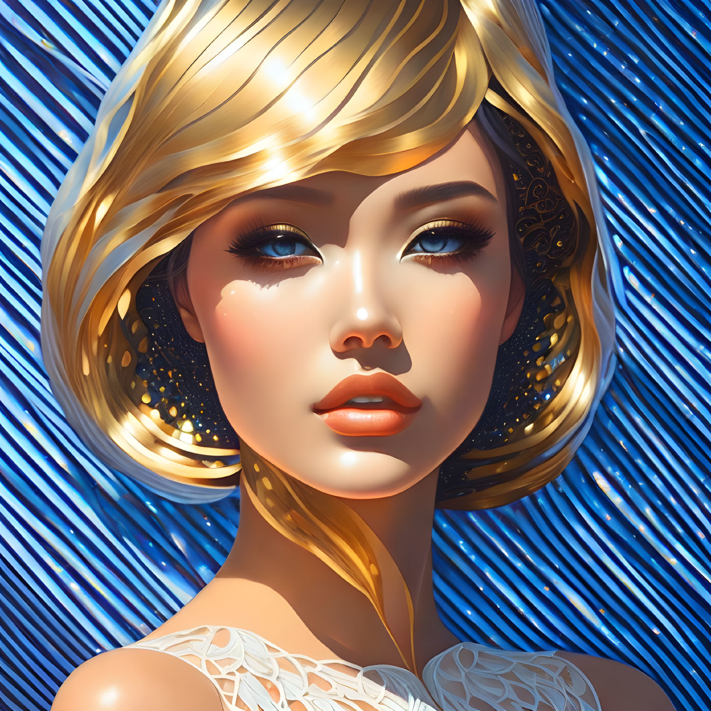 Digital artwork: Woman with golden hair and earrings on blue striped background