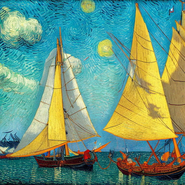 Yellow Sailing Ships on Sea with Starry Night Style Sky