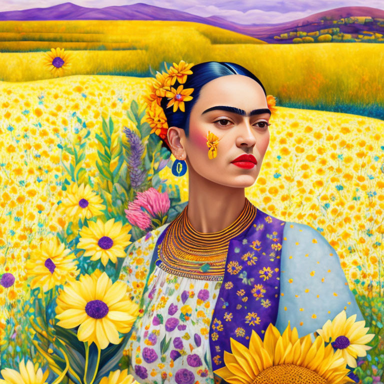 Illustration of woman with unibrow in traditional blouse amidst sunflower field