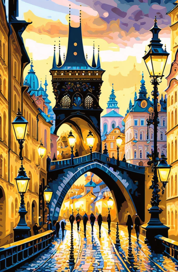 European street painting: vibrant dusk scene with ornate tower and glowing streetlamps