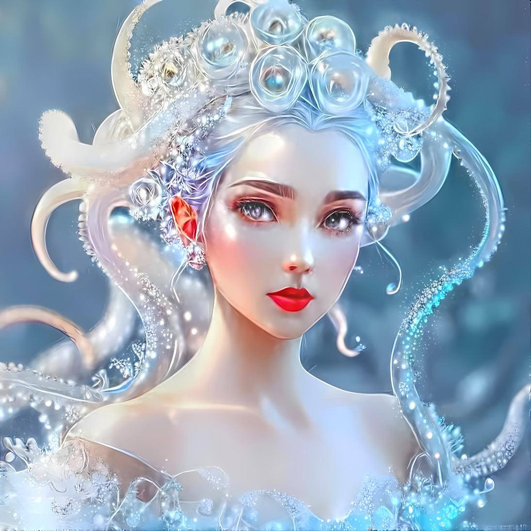 mermaid and hair made of a white octopus tentacles