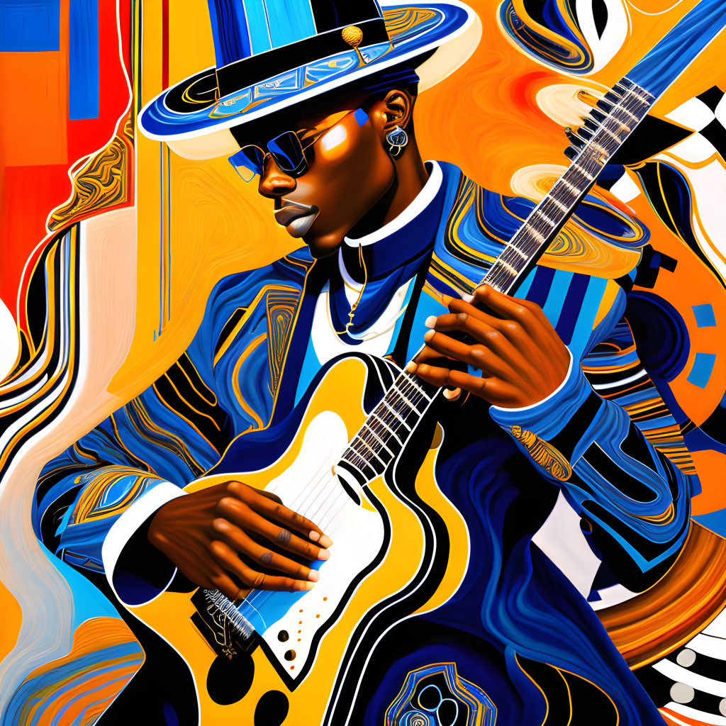 Stylish person with sunglasses and hat playing guitar in vibrant colors