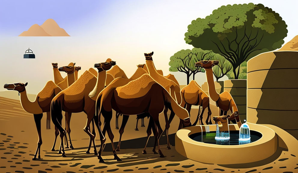 Illustrated camels drinking water in desert oasis.