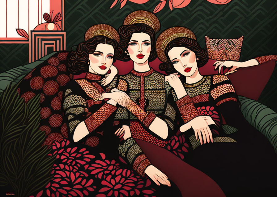 Three Women Illustration in Ornate Clothing on Couch