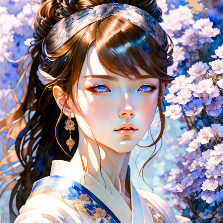 Girl with Brown Hair and Blue Eyes in Pink Blossom Setting