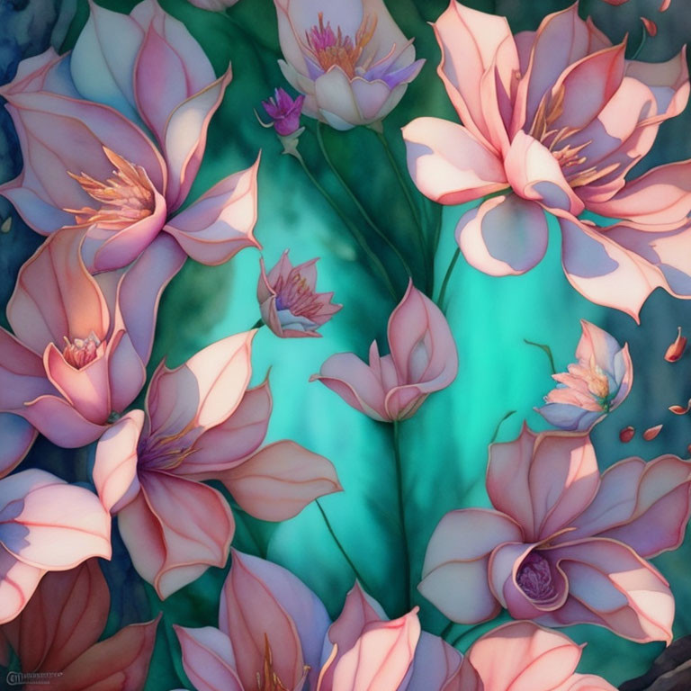 Colorful oversized lotus flowers on turquoise background