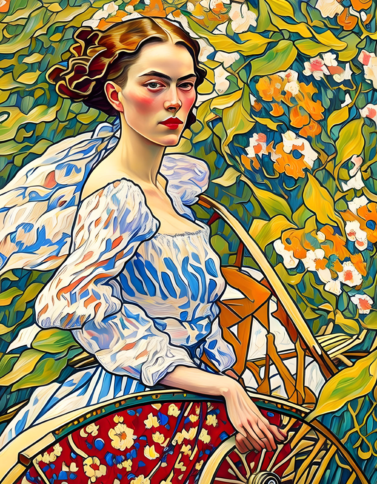 Stylized portrait of a woman in blue and white dress with bicycle in floral setting