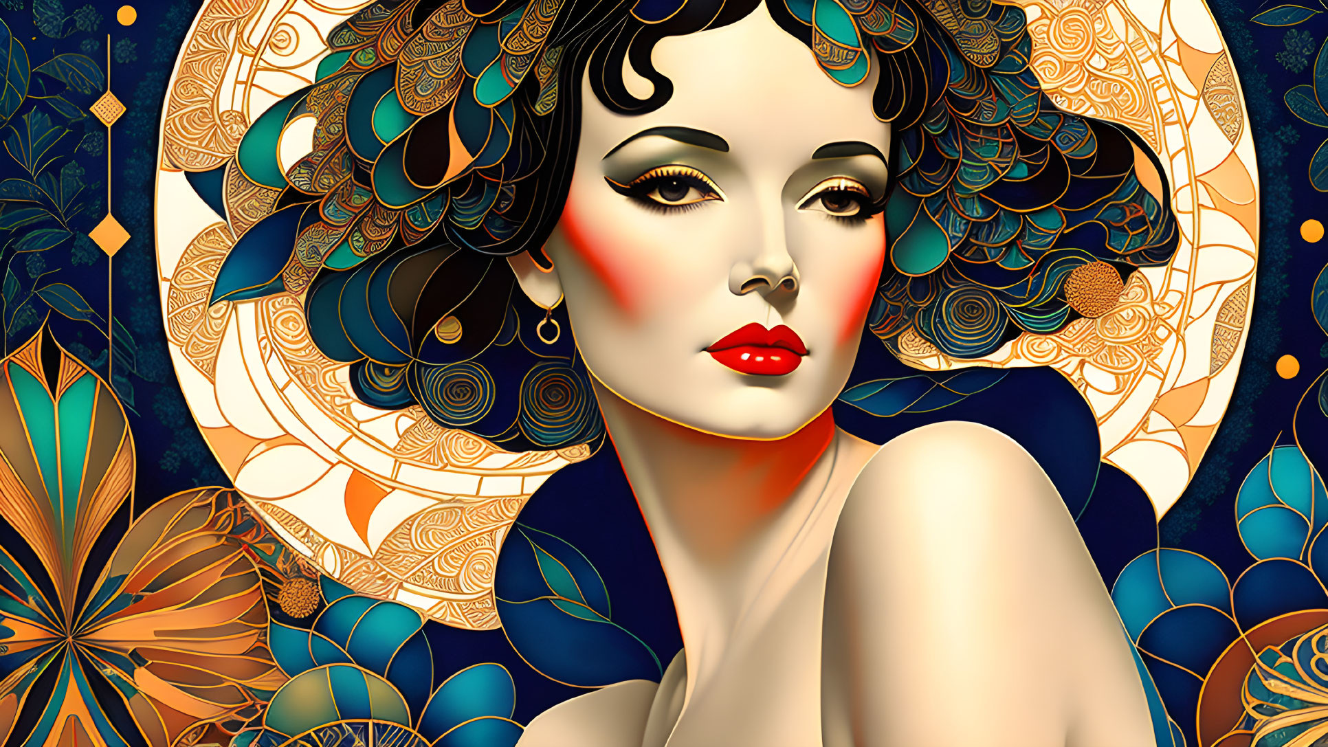 Art Deco Style Woman Illustration with Golden Patterns and Blue Accents