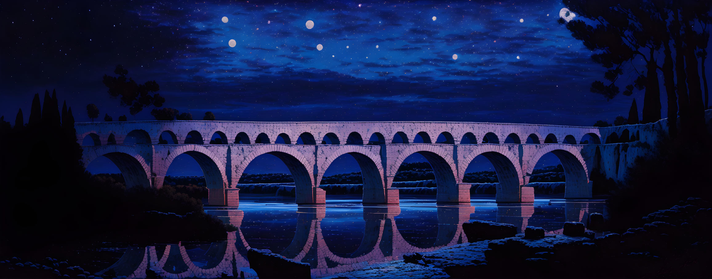 Starry night scene with ancient aqueduct bridge in serene landscape