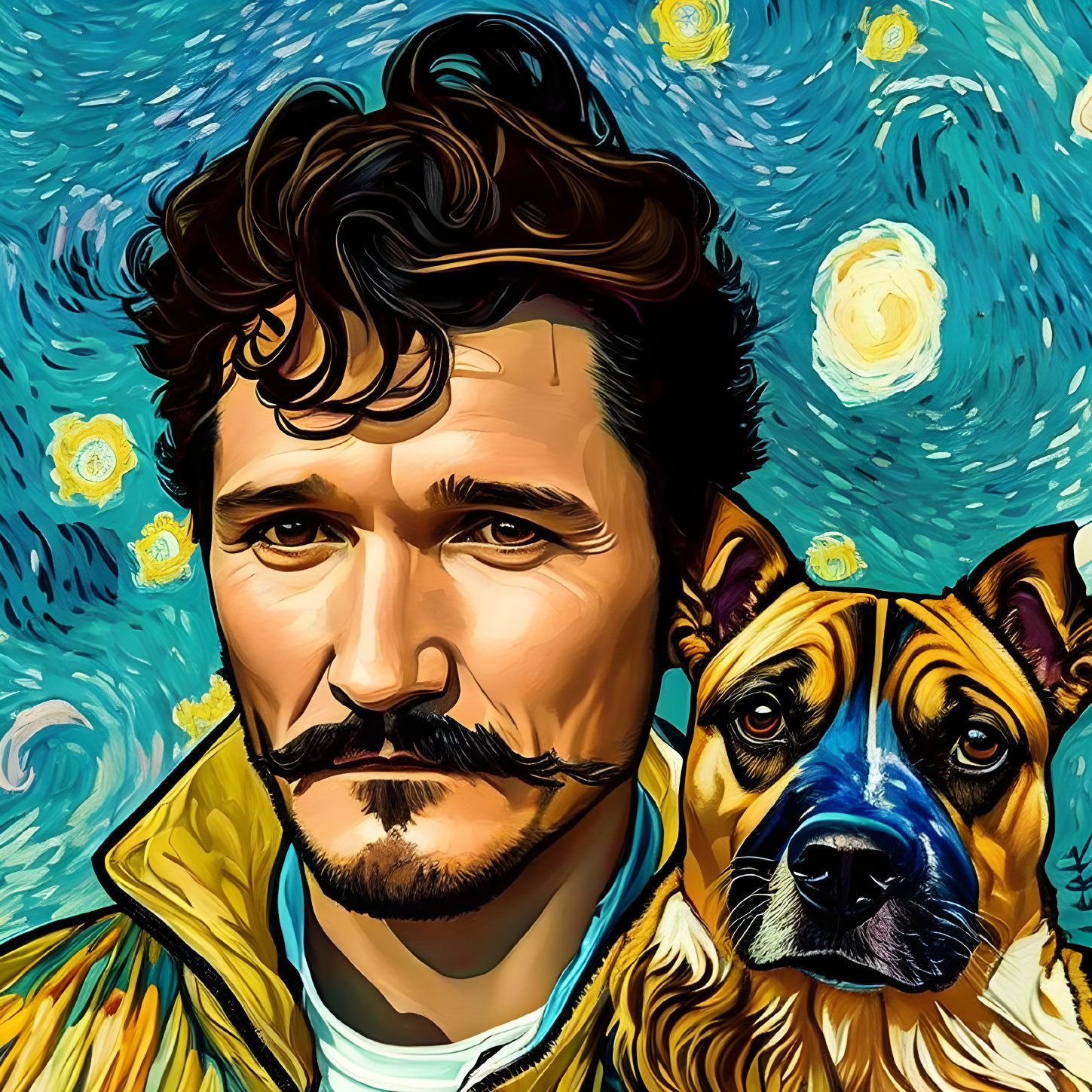 Stylized portrait of man with mustache and dog against starry night background