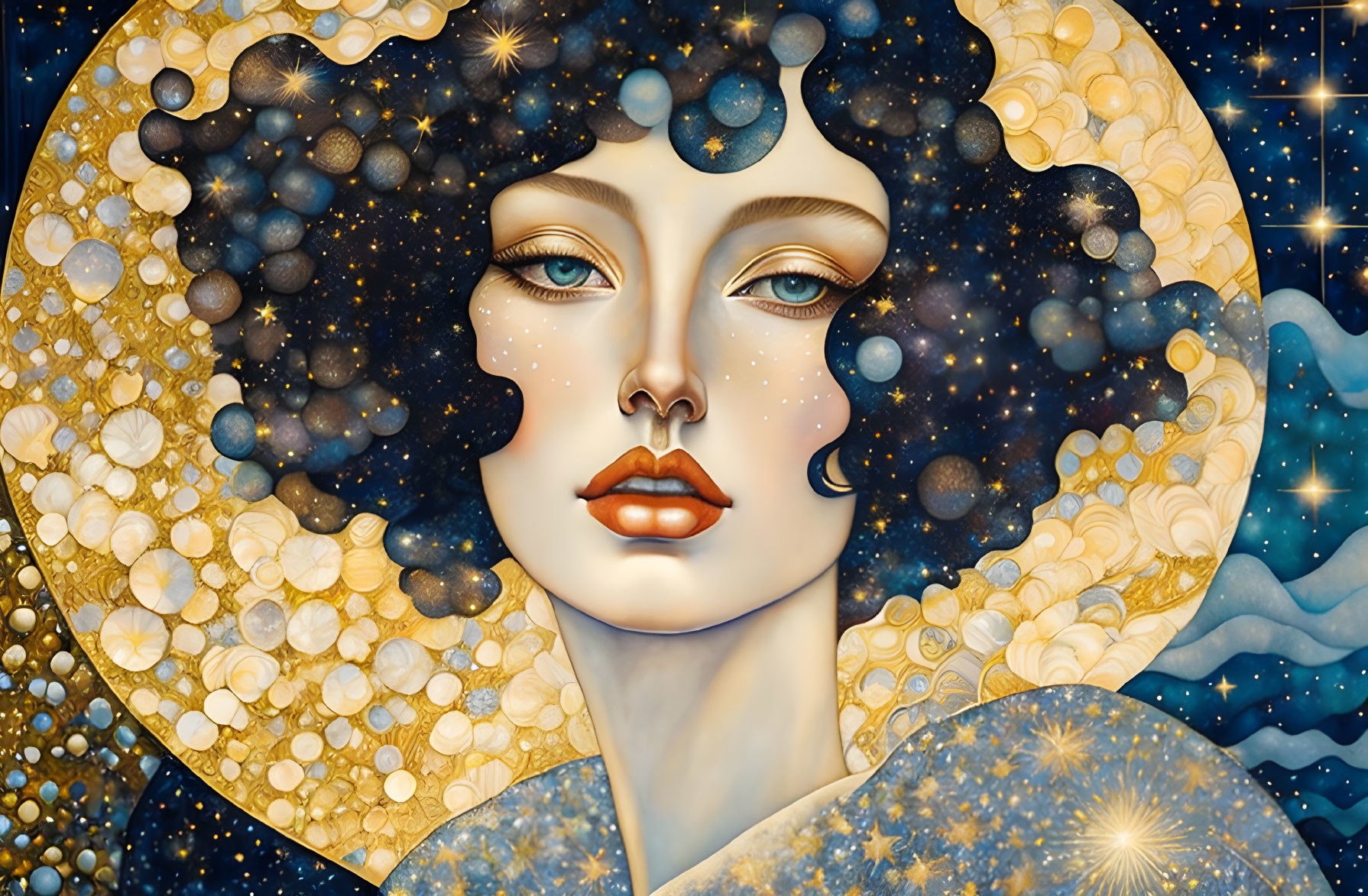 Woman's face with cosmic theme: stars, celestial patterns, gold and blue tones