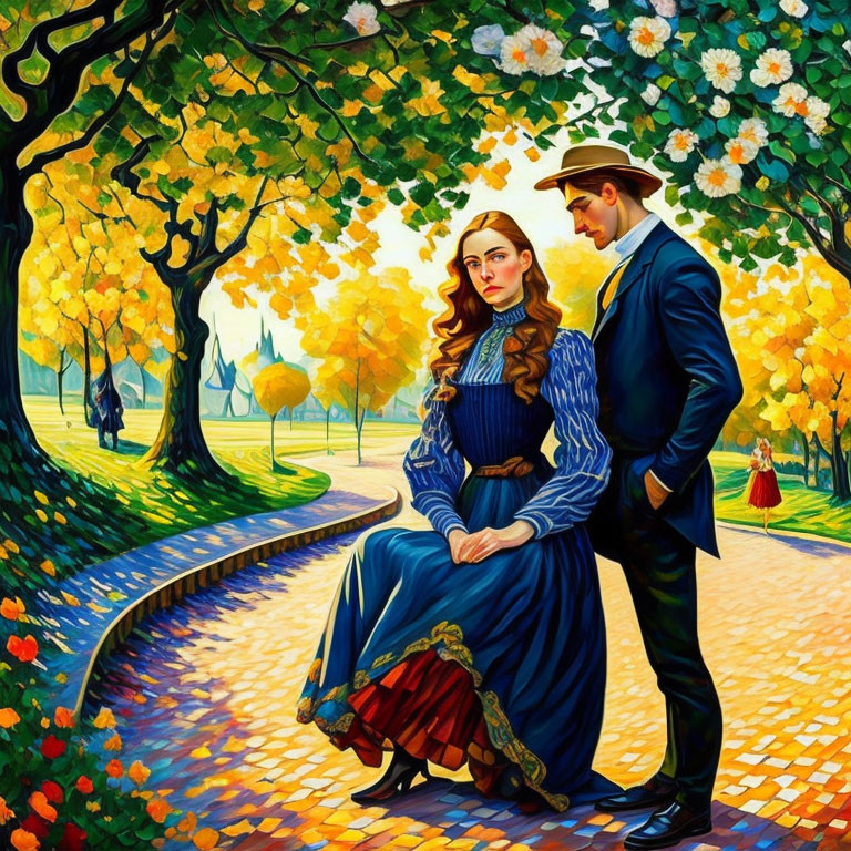 Colorful painting of man and woman on vibrant autumn path