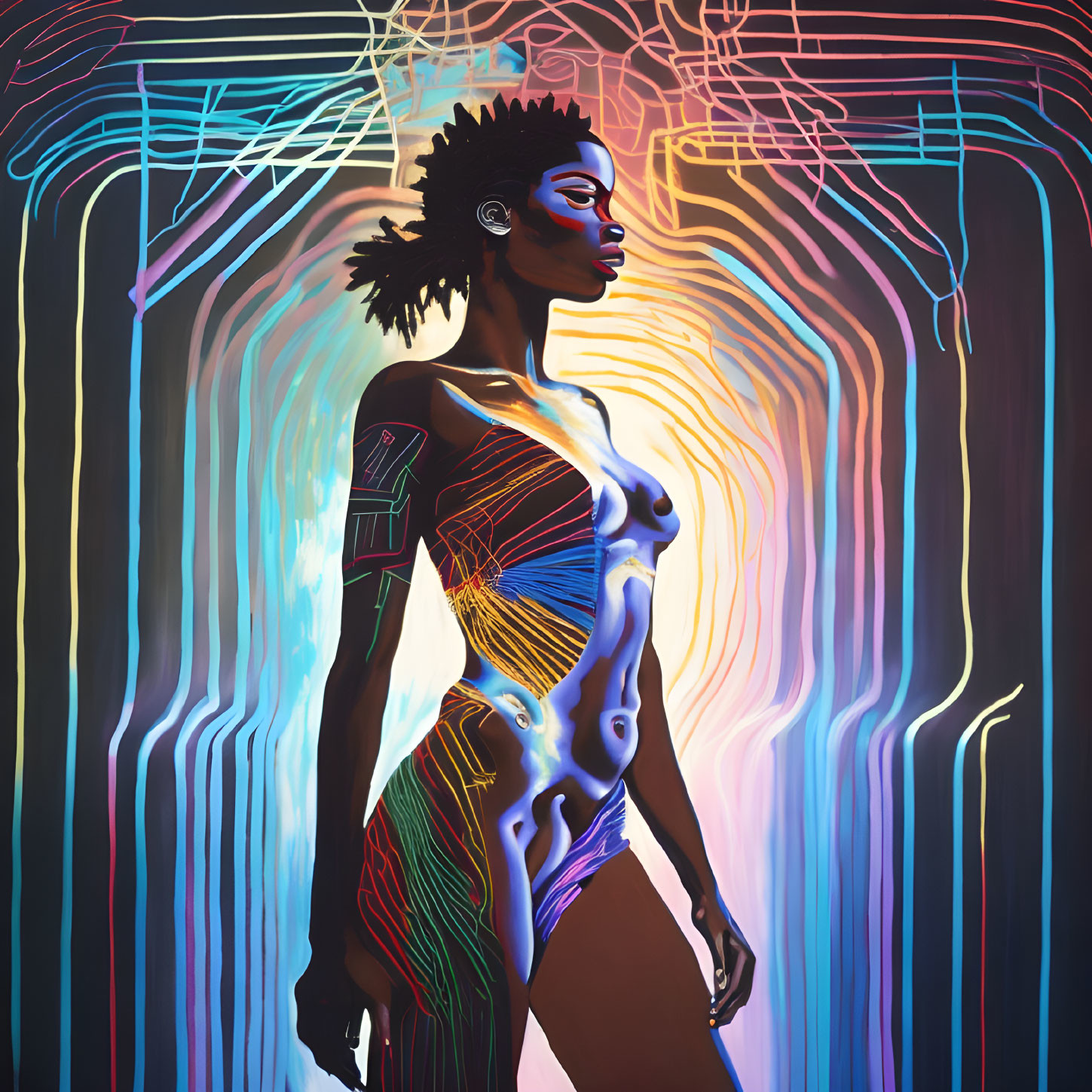 Colorful neon lines contour woman in digital artwork