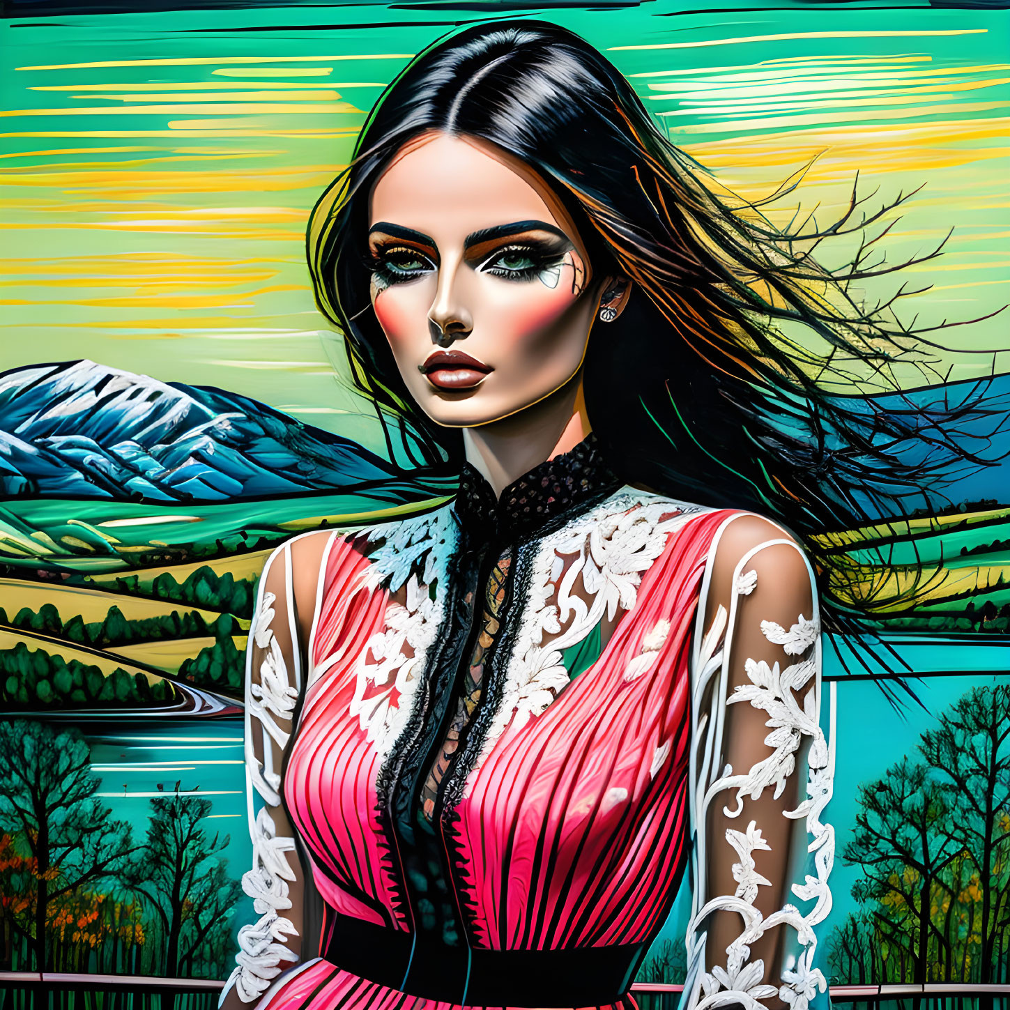 Colorful digital artwork of a woman in red and white outfit against stylized landscape