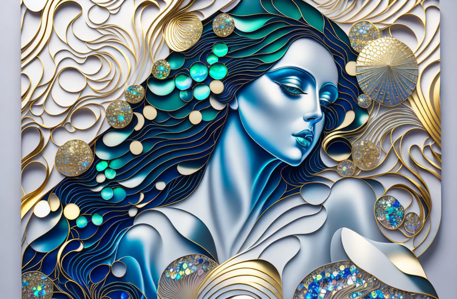 Stylized woman in ornate gold and blue swirling patterns