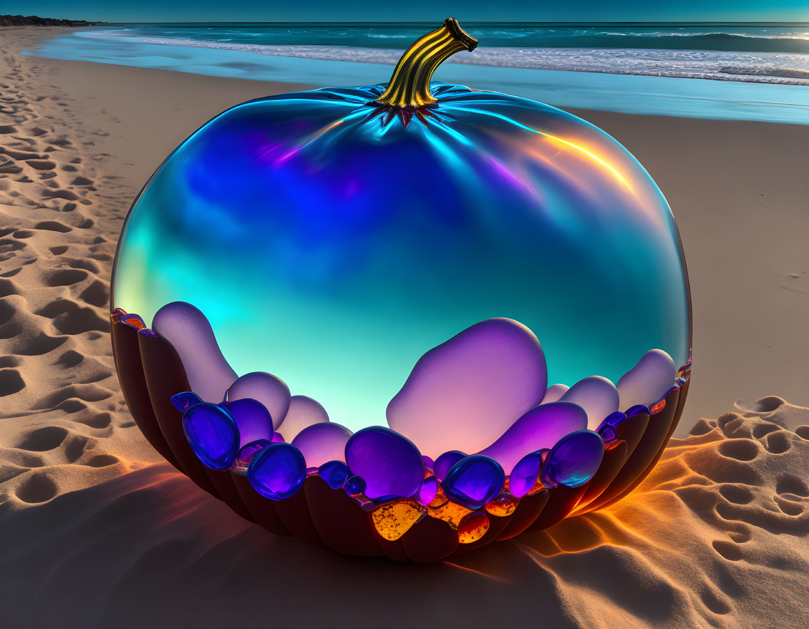 Colorful iridescent glass pumpkin with gold stem on sandy beach at sunset, revealing glass stones.