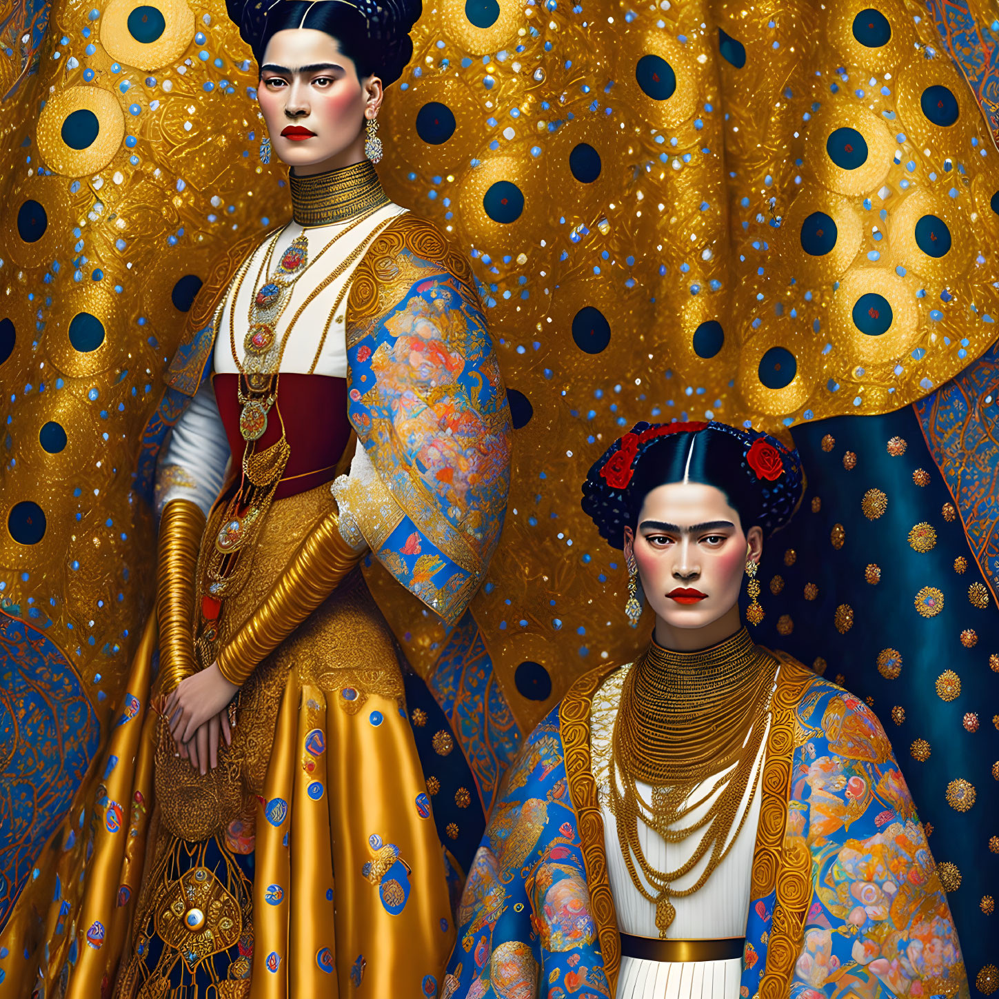 Regal figures in ornate traditional attire with gold accents