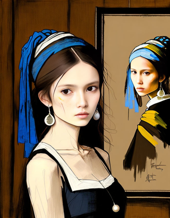 Young woman in blue headscarf with pearl earring and mirrored image