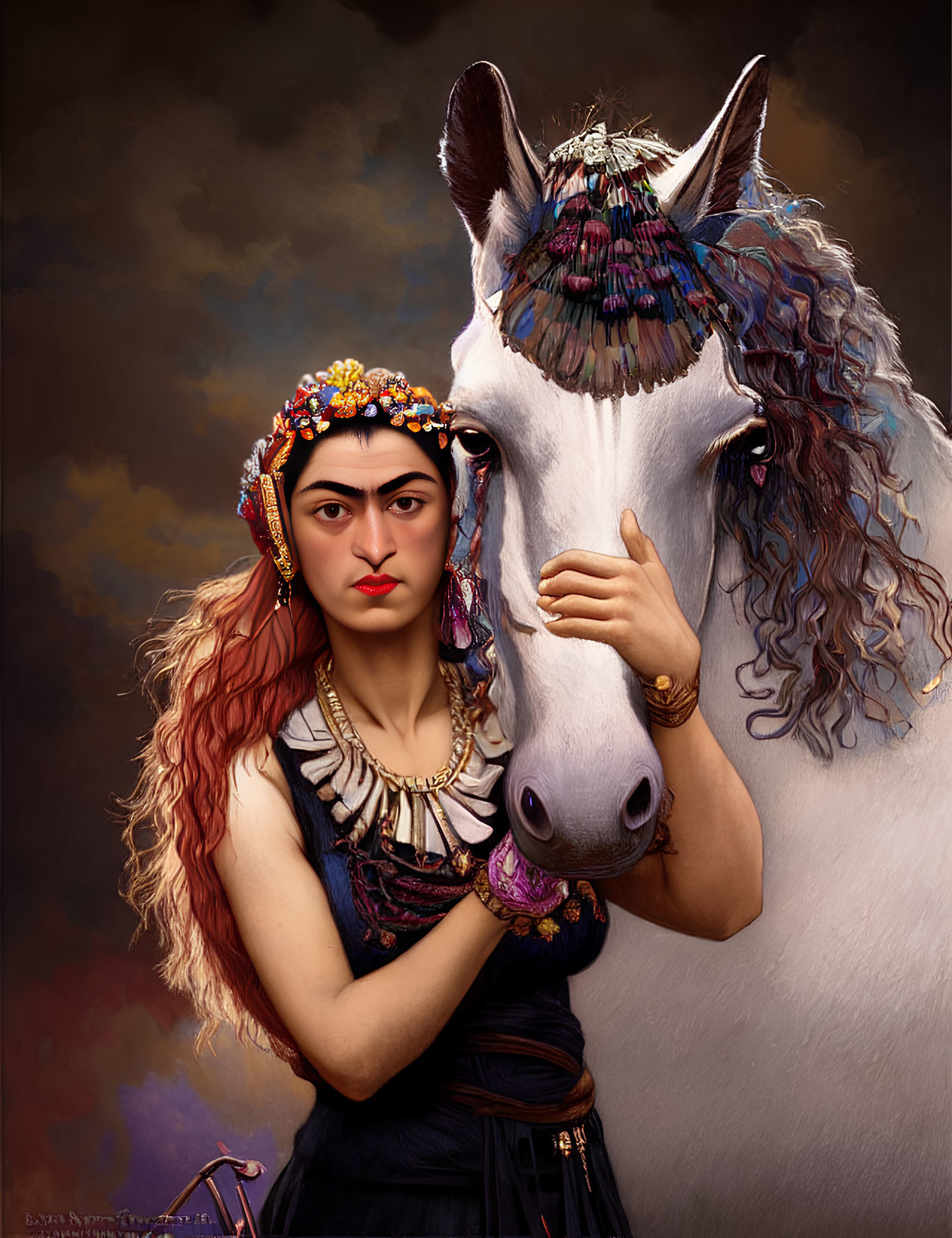 Woman in traditional attire embraces white horse against moody background