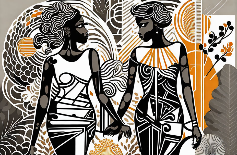 Stylized geometric figures in black, white, and orange tones with art deco influence