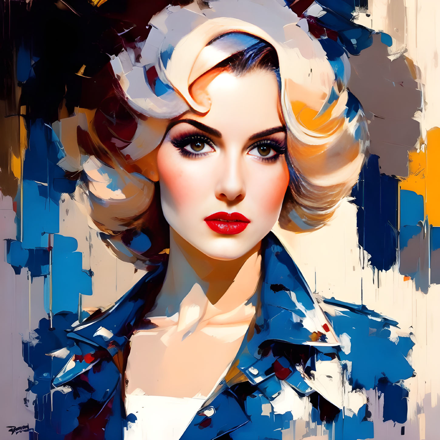 Vibrant digital portrait of a woman with red lips and blonde hair