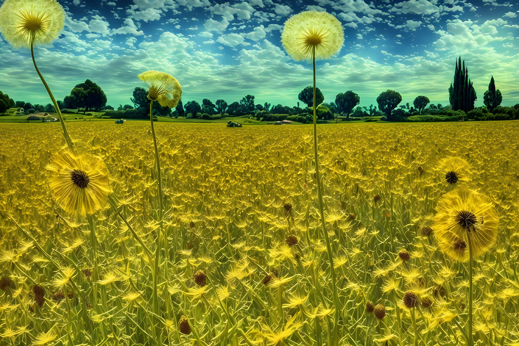 Scenic yellow flower field under blue sky with dandelions