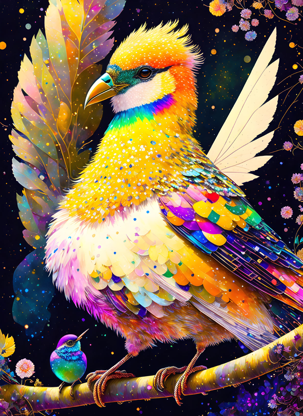 Colorful Mythical Bird Illustration with Starry Background