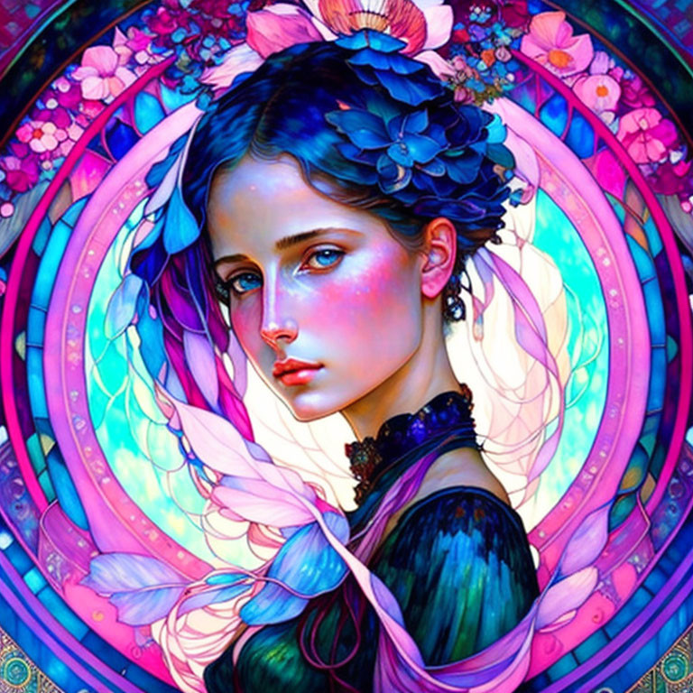 Colorful Woman Portrait with Blue Flowers in Ornate Circular Frame