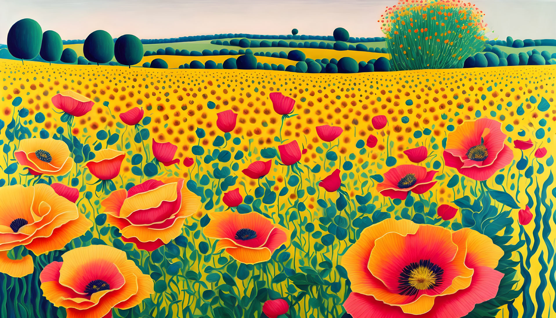 Vibrant painting of red poppies in a yellow floral field