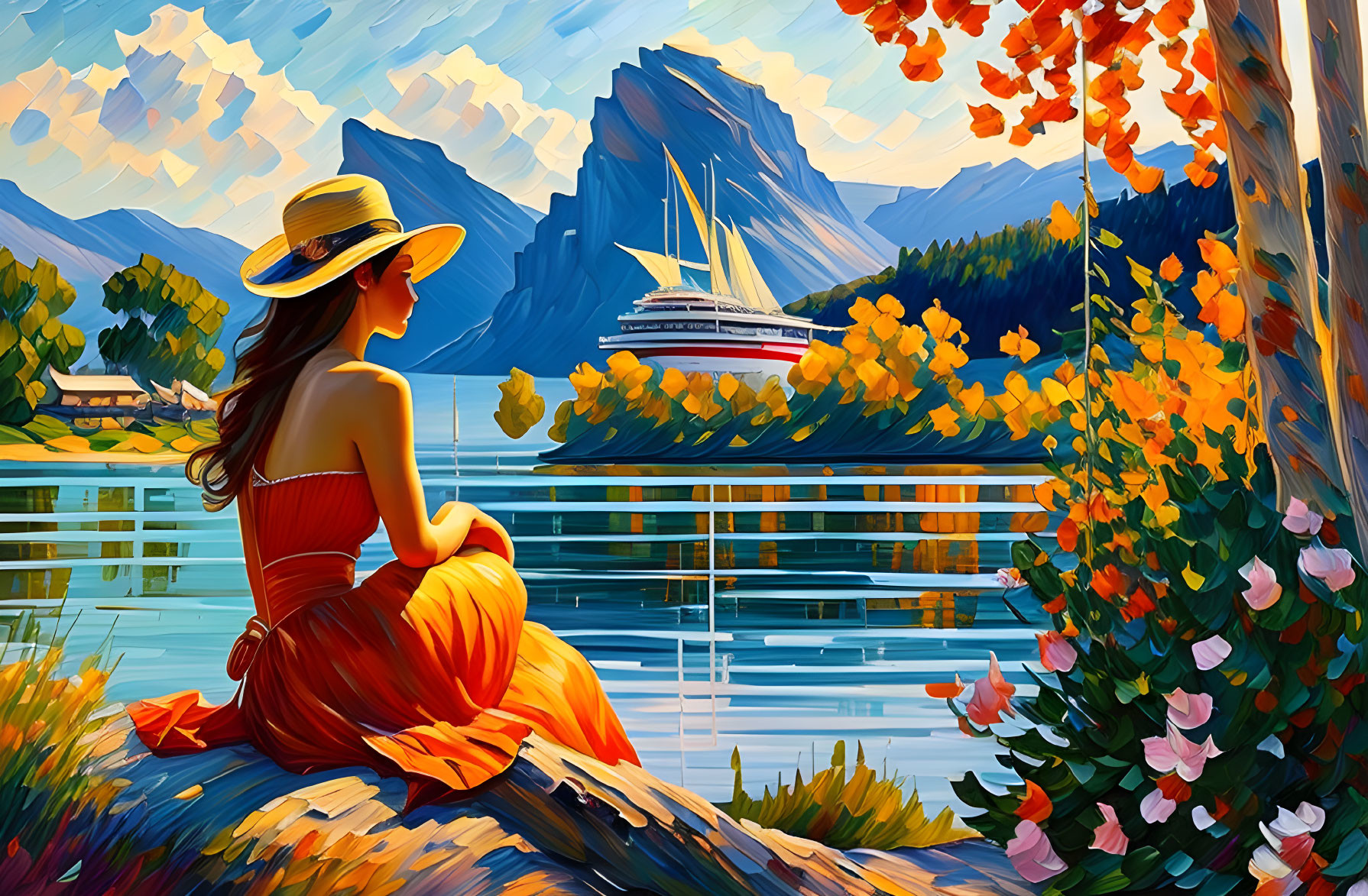 Woman in sunhat admires sailboat on lake amid autumn scenery