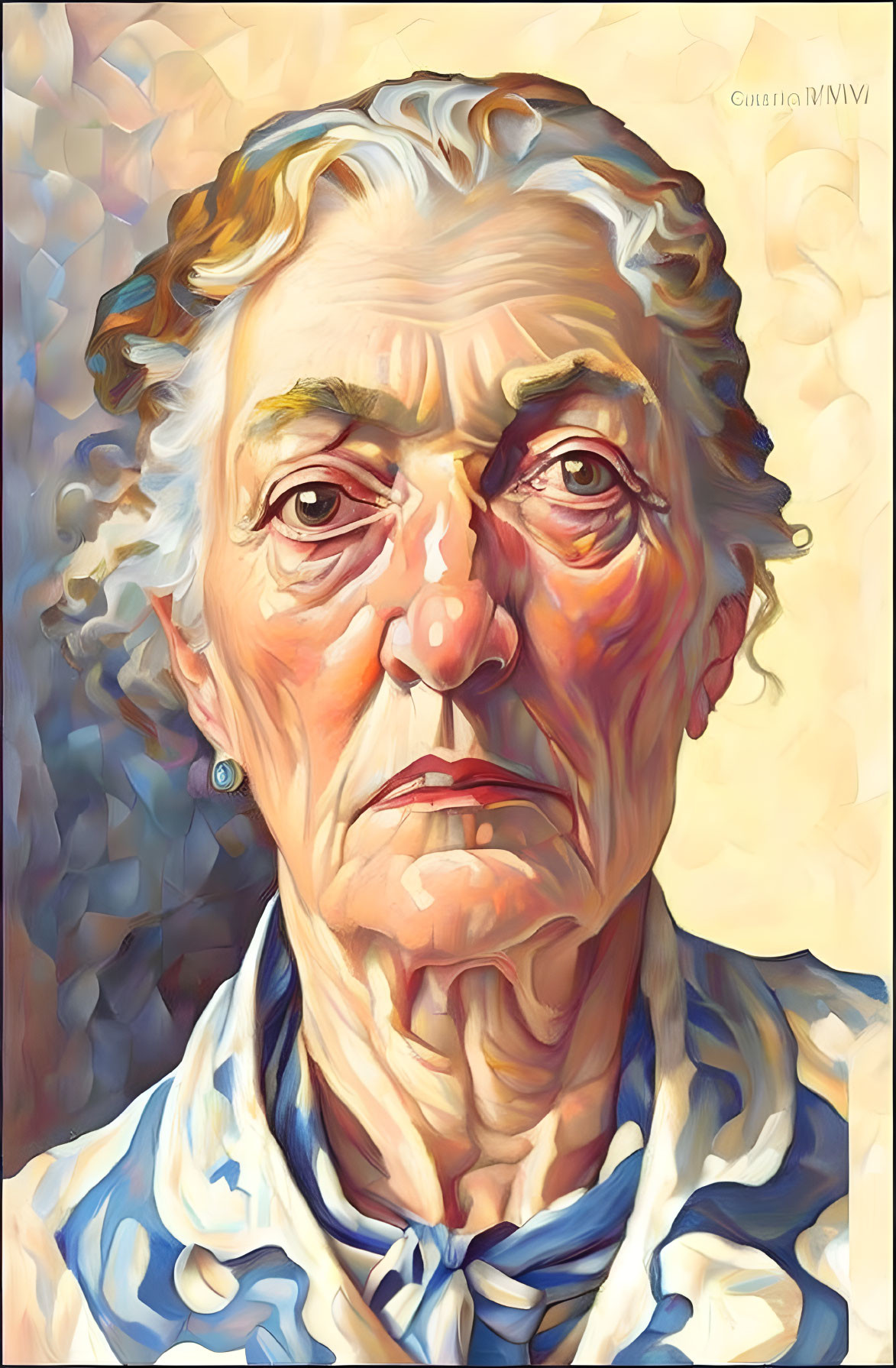 Elderly woman portrait with wrinkles, blue scarf, white shirt on warm background