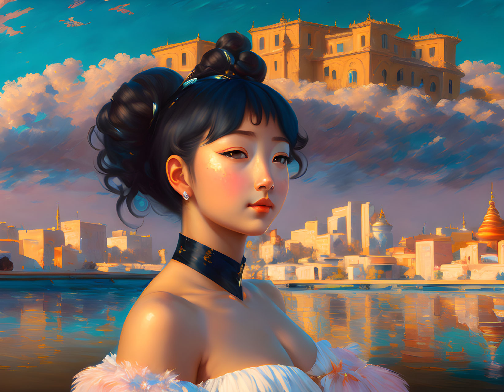 Digital artwork: Woman with updo and choker in serene cityscape