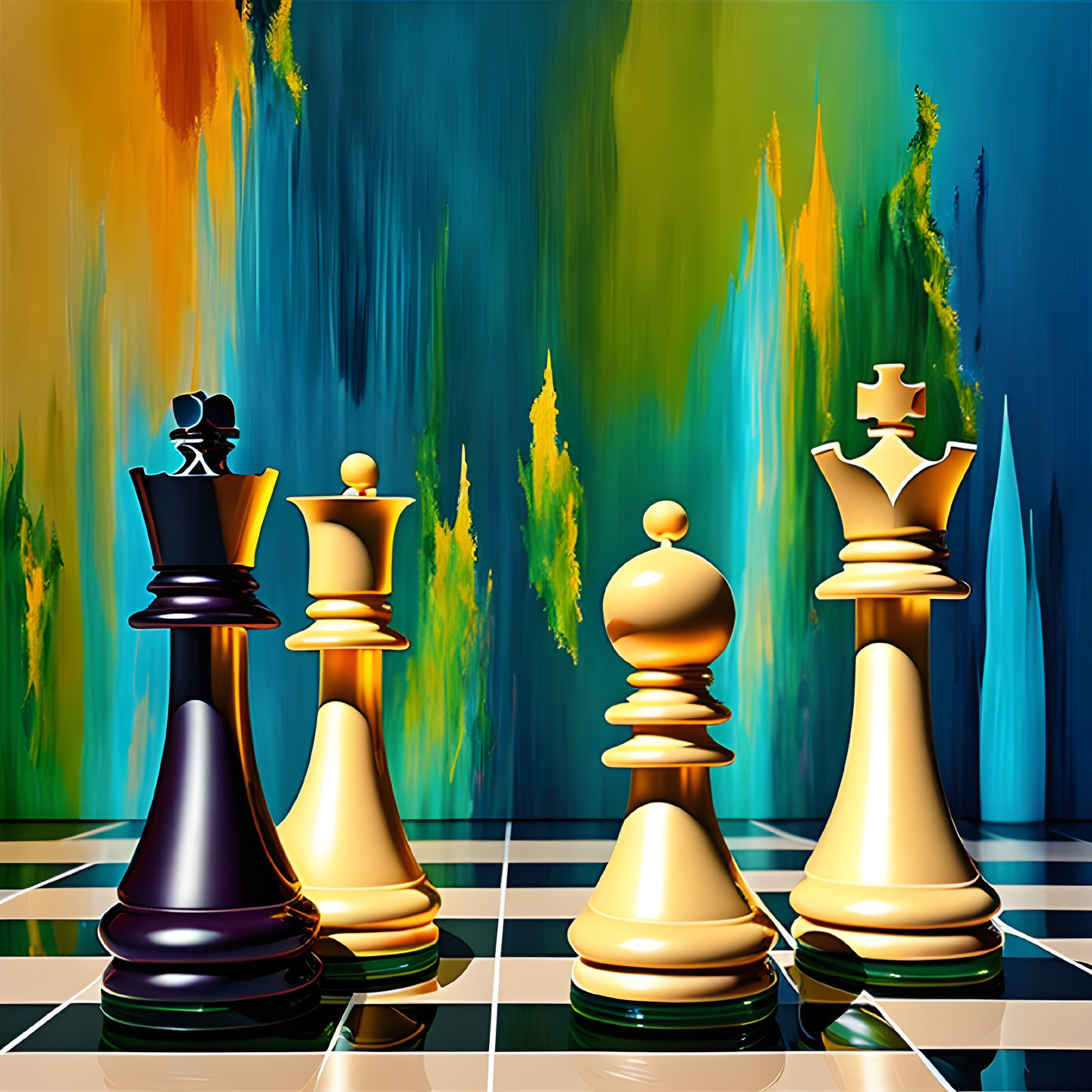 Chess Pieces on Checkered Surface with Colorful Vertical Streaks