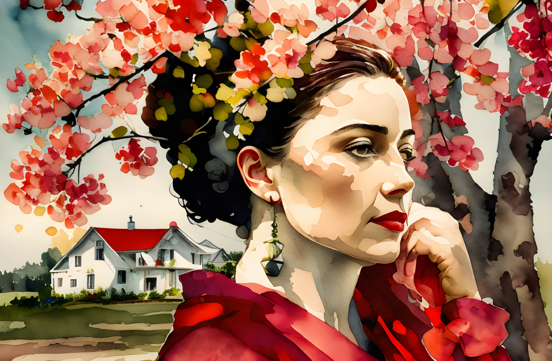 Contemplative woman in red outfit under blossoming tree, white house in background